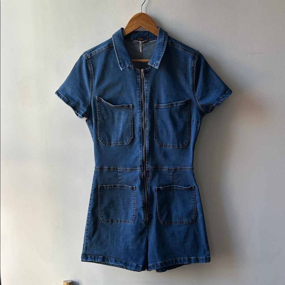 Free People CRVY Lennox Romper Jumpsuit in denim